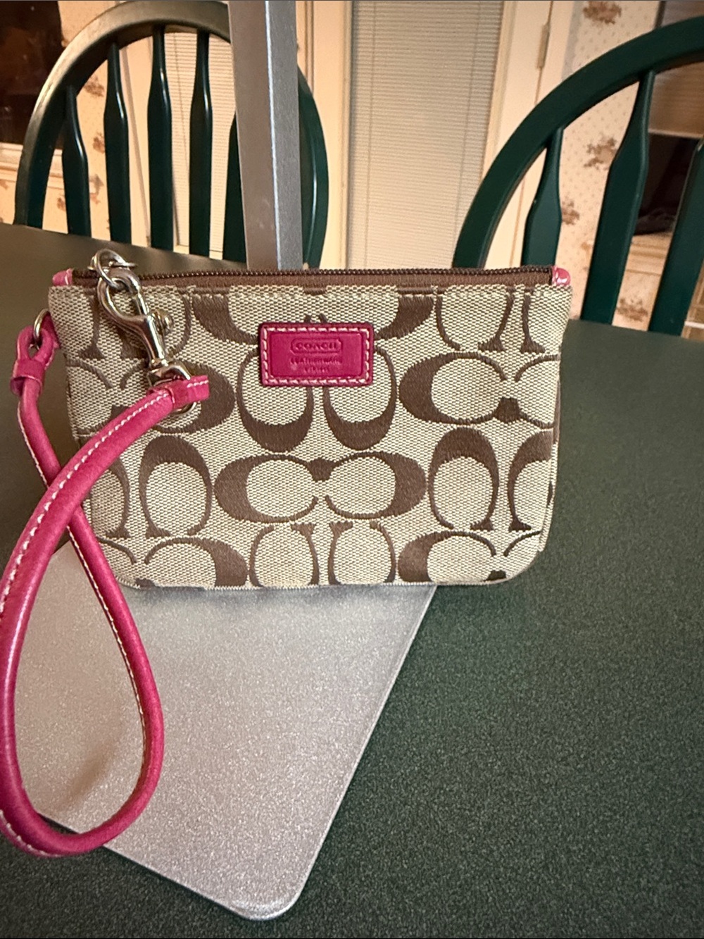 Coach Brown Signature Canvas Wristlet with Pink Trim
